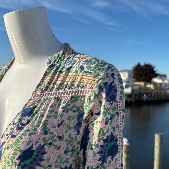 Blue and White Ruffled Midi Sundress with Plunge Neckline - Picture 13 of 16